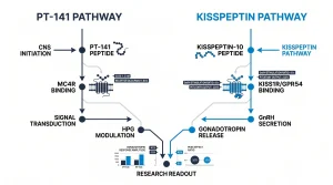 Side-by-side diagram comparing PT-141 acting on MC4R in the central nervous system versus Kisspeptin-10 acting on KISS1R/GPR54 to trigger the HPG axis cascade
