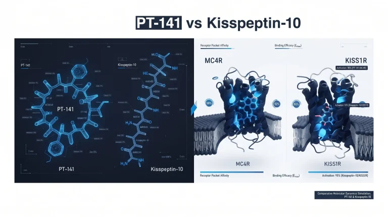 Molecular structures of PT-141 (cyclic heptapeptide) and Kisspeptin-10 (linear decapeptide) displayed side by side on a white background for structural comparison