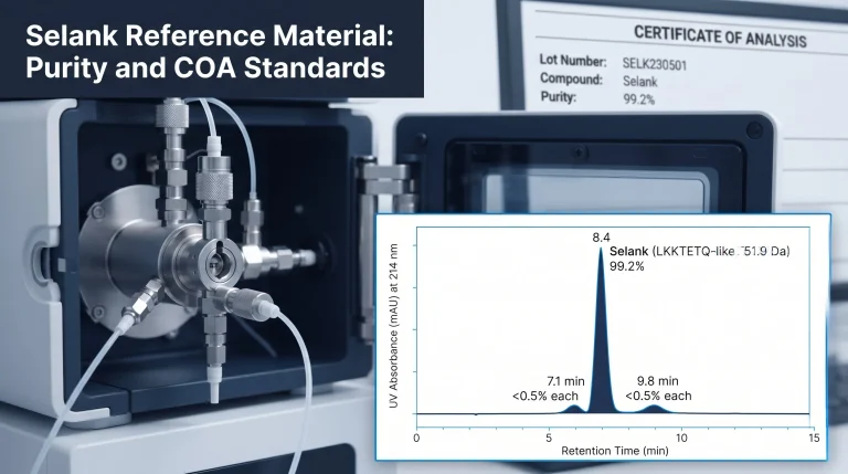 Diagram showing Selank reference material COA documentation: HPLC chromatogram with primary peak at retention time showing 99 percent purity, mass spectrometry result confirming 751.9 Da molecular weight, lot number and synthesis date fields, purity percentage calculated against certified reference standard, for research lab use only