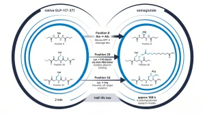 Infographic showing semaglutide structural modifications compared to native GLP-1: position 8 Aib substitution for DPP-4 resistance, position 26 C18 fatty diacid chain via mini-PEG linker for albumin binding, position 34 Arg substitution, molecular weight 4113.6 Da, half-life approximately 168 hours in pharmacokinetic research models, for research purposes only