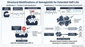 Two-panel infographic on semaglutide structural changes: LEFT PANEL — Modification 1: "Position 8 Aib Substitution". Diagram showing DPP-4 enzyme approaching and being blocked from cleaving the Aib-modified bond. Label: "Half-life extended past DPP-4". RIGHT PANEL — Modification 2: "C18 Fatty Diacid via Mini-PEG at Lys26". Diagram showing semaglutide molecule tethered to albumin protein. Label: "Albumin-bound fraction slows renal clearance in research models". Navy/blue palette, clean flat vector, research use only label.