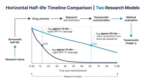 Horizontal half-life timeline comparison: x-axis "Time post-administration" 0-90 minutes. Sermorelin decay curve (navy) drops to 50% at 12 min, labeled "t1/2 approx 12 min — rapid DPP-IV cleavage". Tesamorelin decay curve (electric blue) reaches 50% at 63 min, labeled "t1/2 approx 63 min — steric protection from extra aa sequence". Both curves shown as smooth exponential decays on same axes. Dashed vertical lines at 12 and 63 min. Research models annotation at bottom. Clean minimal grid, white background.