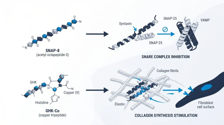 Side-by-side molecular diagram of SNAP-8 (acetyl octapeptide-3) and GHK-Cu (copper tripeptide) with pathway labels