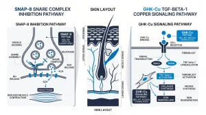 SNAP-8 SNARE complex inhibition pathway vs GHK-Cu TGF-beta-1 copper signaling pathway, side by side with molecular weight and amino acid count labels
