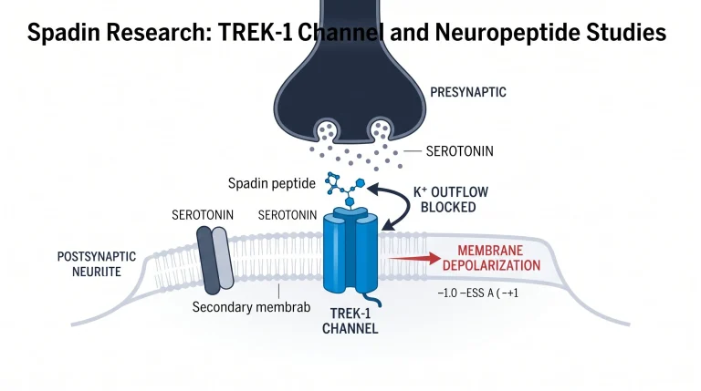 Neuron synapse diagram focused on TREK-1 channel research: presynaptic neuron (top, navy) with labeled axon terminal. Postsynaptic neuron (bottom) with TREK-1 potassium channel (labeled, electric blue transmembrane cylinder) highlighted on dendrite membrane. Spadin peptide (labeled, small blue molecule) shown binding to TREK-1 extracellular domain with blockade arrow "K+ outflow blocked". Intracellular panel shows resulting membrane depolarization annotation. Serotonin molecules (gray dots) at synapse labeled. Clean anatomical style, white background.