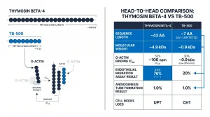 Head-to-head comparison table — Thymosin Beta-4 vs TB-500: rows = Sequence Length | Molecular Weight | G-Actin Binding IC50 | Endothelial Migration Assay Result | Angiogenesis Tube Formation Result | Cell Model Used. Electric blue highlight on rows where the two differ most. Clean two-column table, navy/blue palette, white background.
