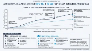 Infographic comparing BPC-157 and TB-500 by tendon repair mechanism, research model type, and key study endpoints, for lab use only
