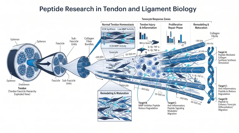 Diagram showing tendon collagen fiber structure, tenocyte cells, and repair stages with peptide research targets marked, for research use only