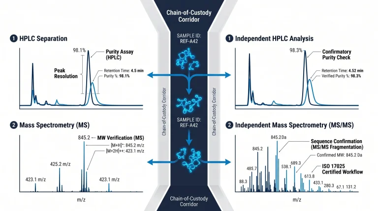 Diagram comparing in-house peptide testing to third-party independent lab verification, showing HPLC and mass spec workflow steps