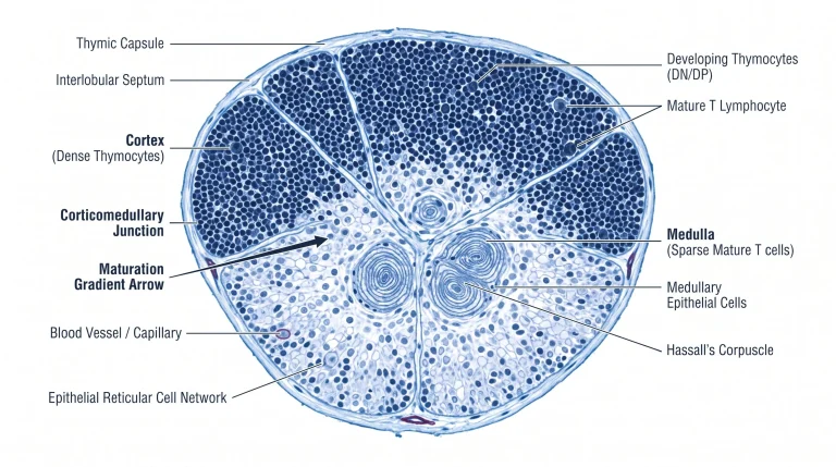Thymus lobule cross-section histology illustration: dense outer cortex packed with small dark thymocytes (DN and DP stages), pale inner medulla with scattered mature T cells and larger pale epithelial cells, and prominent Hassall's corpuscles (whorled concentric structures) in the medullary center. Capsule and interlobular septa visible at edges. Corticomedullary junction labeled with maturation gradient arrow. Histology plate aesthetic in navy/blue on white.