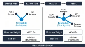 Hub-and-spoke comparison: left hub "Tirzepatide (Dual Agonist)" with two spokes: GLP-1 Receptor and GIP Receptor. Right hub "Retatrutide (Triple Agonist)" with three spokes: GLP-1 Receptor, GIP Receptor, Glucagon Receptor. Center divider column. Below each hub: molecular weight row (tirzepatide ~4813 Da; retatrutide ~4748 Da) and half-life row (both ~5 days in PK models). Navy/electric blue palette, research use only footer.