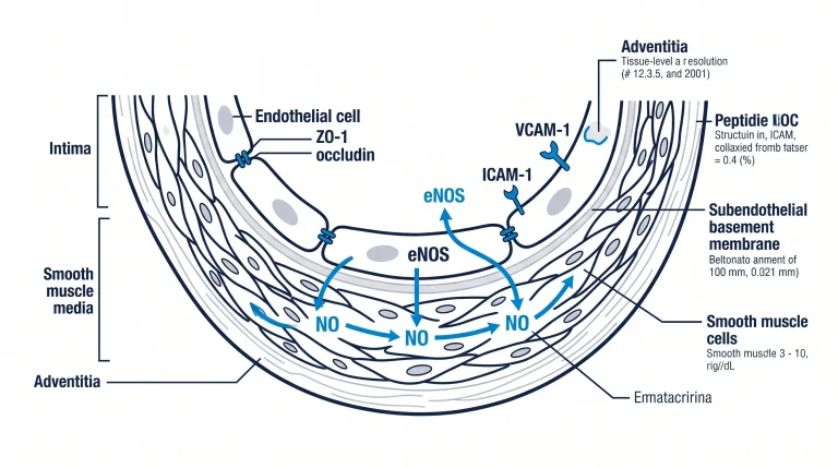 Arterial wall cross-section illustration: intima layer of flat endothelial cells with tight junctions (ZO-1, occludin labeled), subendothelial basement membrane, smooth muscle media layer, and outer adventitia. eNOS enzyme labeled inside endothelial cytoplasm with nitric oxide (NO) diffusion arrows crossing into smooth muscle cells. VCAM-1 and ICAM-1 labeled on endothelial surface. Navy outlines, electric blue for NO flux arrows.