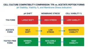 Infographic comparing cell culture outcomes for TFA-form vs acetate-form peptides: pH stability, cell viability percentage, and membrane stress indicators.