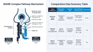 comparing how Argireline, SNAP-8, and botulinum toxin target different components of the SNARE complex pathway.