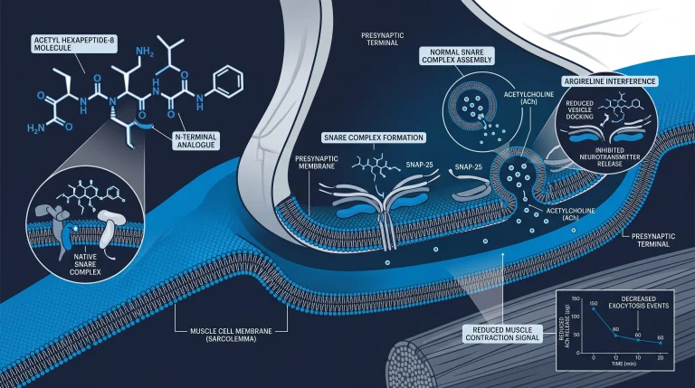 Molecular structure of acetyl hexapeptide-8 (Argireline) on a dark, scientific background.