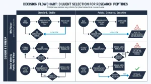 Decision flowchart comparing BAC water, sterile water, and acetic acid water across key criteria: preservative content, use case, benzyl alcohol sensitivity, and peptide solubility type