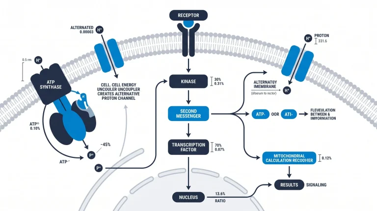 Illustration of the inner cell membrane showing ATP synthase and a cell energy uncoupler giving another proton channel.