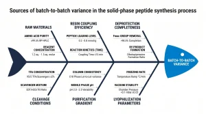 Infographic showing the sources of batch-to-batch variance in the solid-phase peptide synthesis process.