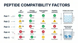 detailing the factors that affect peptide compatibility, including pH, isoelectric point, and charge, with diagrams of stable and precipitated solutions.