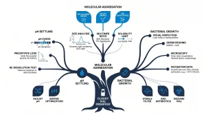 Decision flowchart titled Cloudy Peptide Vial Troubleshoot, with three branches for pH settling, molecular clumping, and bacterial growth, each with distinct indicators and action steps.