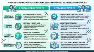 detailing the key differences between compounded and research peptides, focusing on regulation, use-case, purity verification, and documentation.