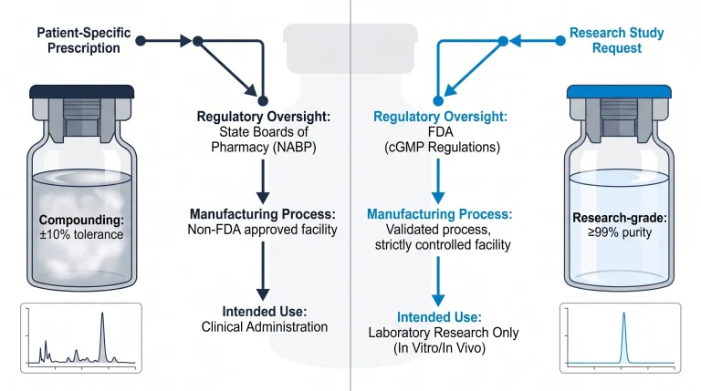 Diagram comparing the regulatory pathway and intended use for compounded peptides versus research-grade peptides.