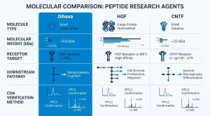 Side-by-side comparison of HGF (large protein) vs Dihexa (small hexapeptide) showing molecular weight, receptor target, and verification method for each, with icons for HPLC and MS confirmation