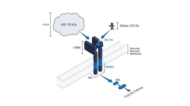 Diagram showing HGF binding to the c-Met receptor on a neuron, with Dihexa shown as a smaller molecule binding the same receptor and activating the same downstream signaling cascade.