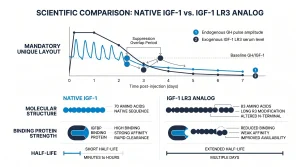 comparing the molecular structure, binding protein strength, and half-life of native IGF-1 versus the IGF-1 LR3 analog.
