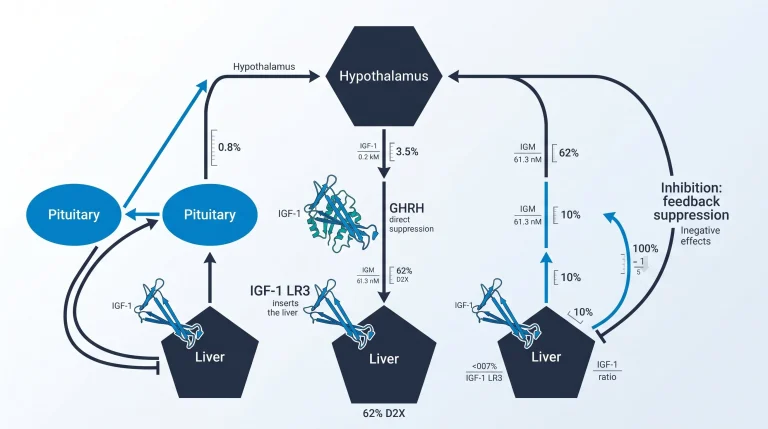 Diagram showing the hypothalamic-pituitary-liver axis and the negative feedback loop of IGF-1 on the pituitary and hypothalamus.