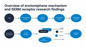 Overview of enclomiphene mechanism and SERM receptor research findings | filename: enclomiphene-mechanism-infographic