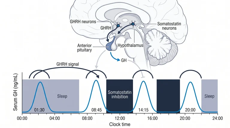 Diagram of the hypothalamic-pituitary axis showing GHRH and somatostatin regulating the pulsatile release of growth hormone.