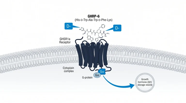 Molecular diagram of GHRP-6 hexapeptide binding to the GHSR1a ghrelin receptor, with the 6-amino acid sequence labeled and receptor activation pathway arrows, on a white background