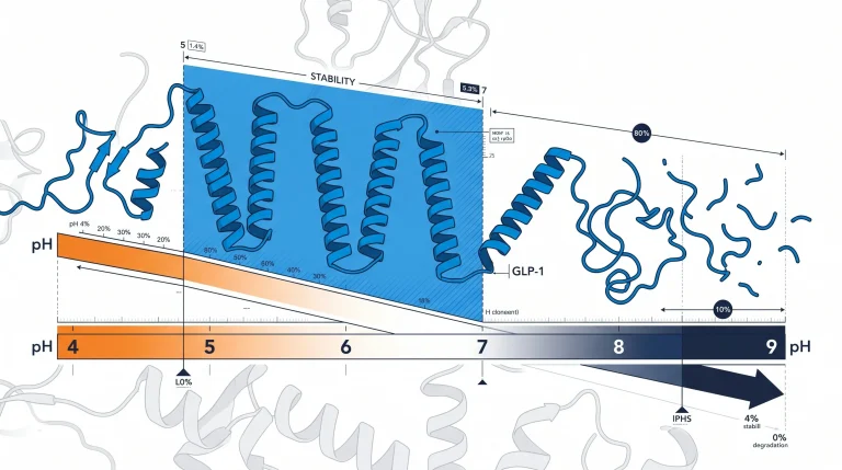 A lab beaker showing a buffered solution, illustrating the importance of pH in research peptide stability.