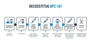 Infographic detailing the step-by-step process of reconstituting BPC-157, from materials gathering to proper cold storage.