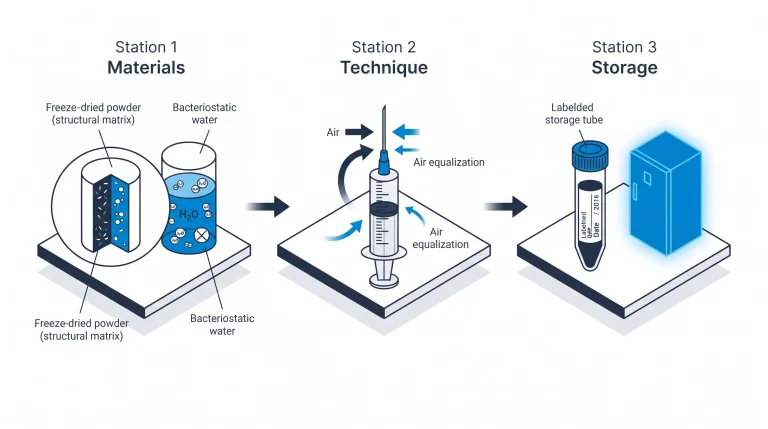 A laboratory setup for peptide reconstitution, showing a vial of freeze-dried powder, bacteriostatic water, and a calibrated syringe.