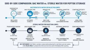 Side-by-side comparison of BAC water vs sterile water for multi-use peptide storage, including preservative content, maximum holding time, and use cases