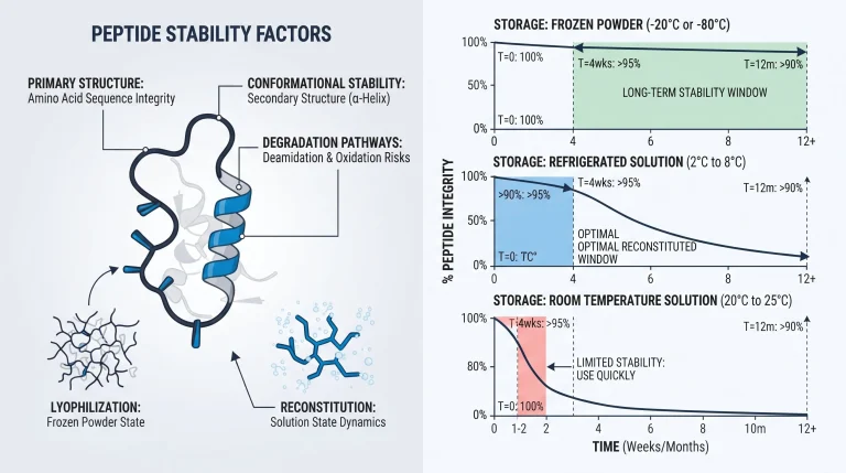 Diagram showing peptide stability over time at three storage temperatures: frozen powder, refrigerated solution, and room-temperature solution, with stability windows labeled