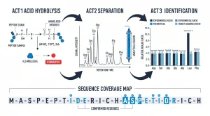 Step-by-step flowchart of amino acid analysis: acid hydrolysis, separation, quantification, and ratio comparison to the target sequence.