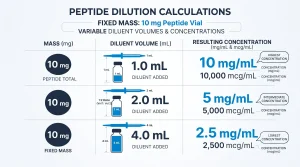Three-column table showing mass (mg), diluent volume (mL), and resulting concentration (mg/mL and mcg/mL) for 1 mL, 2 mL, and 4 mL dilutions of a 10 mg peptide vial, illustrating how volume changes concentration while mass stays fixed