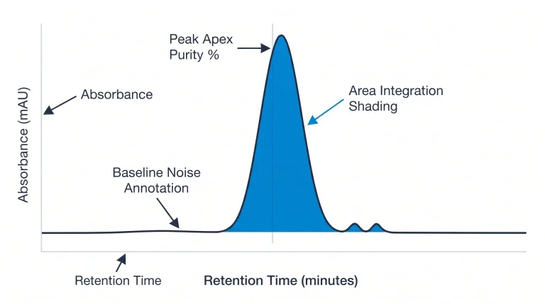 A labeled HPLC chromatogram for a research peptide showing the x-axis (retention time in minutes), y-axis (absorbance in mAU), a dominant main peak, and small baseline impurity peaks.