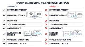 Side-by-side comparison of a real HPLC chromatogram and a fabricated one, highlighting differences in baseline noise pattern and satellite peak distribution.