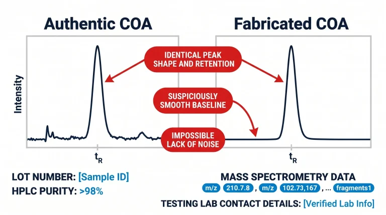Example of a legitimate research peptide Certificate of Analysis showing lot number, HPLC purity, mass spectrometry data, and testing lab contact details.