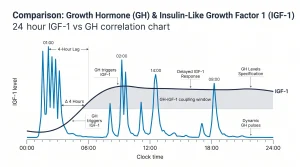 comparing the pulsatile secretion of GH versus the stable levels of IGF-1 over a 24-hour period.