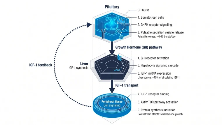 Diagram of the GH/IGF-1 axis showing release from the gland to the liver.