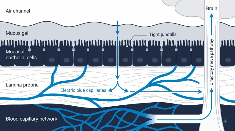 Diagram showing the cross-section of the nasal cavity and pathways for intranasal peptide absorption into systemic circulation and the brain.