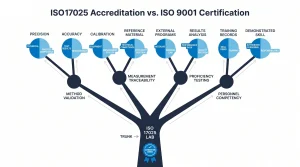 comparing ISO 17025 Accreditation and ISO 9001 Certification across four key areas: Focus, Assessment Method, Scope, and Outcome.