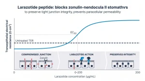 explaining the mechanism of action for the larazotide peptide, showing it blocking zonulin to preserve tight junction integrity and prevent paracellular permeability.
