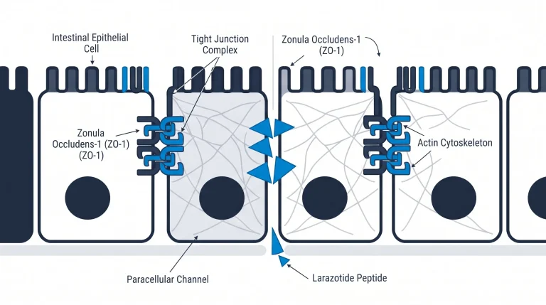 Illustration of the intestinal epithelial barrier, showing tight junctions between cells and the location of proteins like zonula occludens-1.