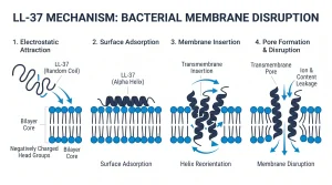Step-by-step diagram showing how LL-37 binds to a negatively charged bacterial membrane, forms an alpha helix, and creates a membrane disruption event in a bilayer model.